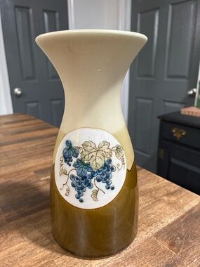 Otagiri Cream and Olive Ceramic Carafe Vase with Blue Grape Motif